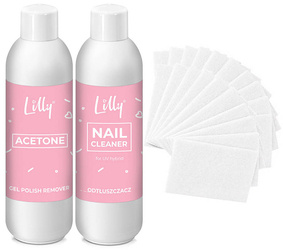Lilly Aceton kosmetyczny 500 ml + Cleaner 500 ml + waciki bezpyłowe 20 szt. 